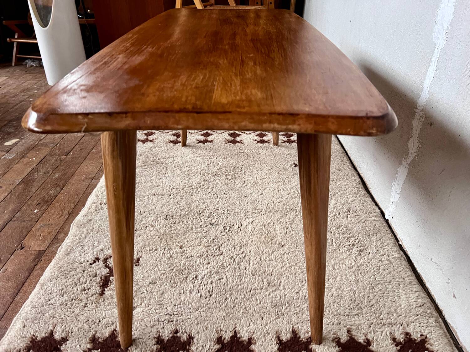 Oak coffee table, foot, compass. rockets. free form vintage old