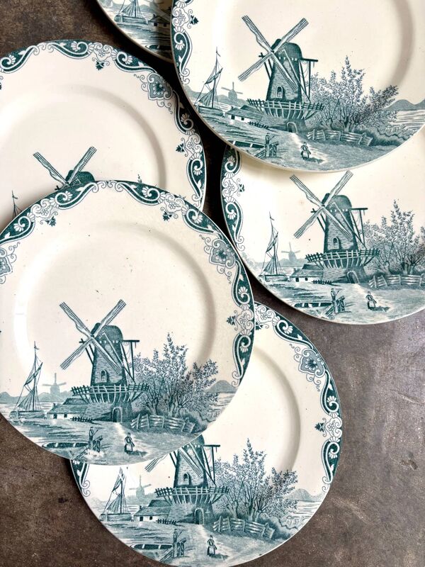 6 assiettes plates n°4 Salins en terre de fer, service ''Delft