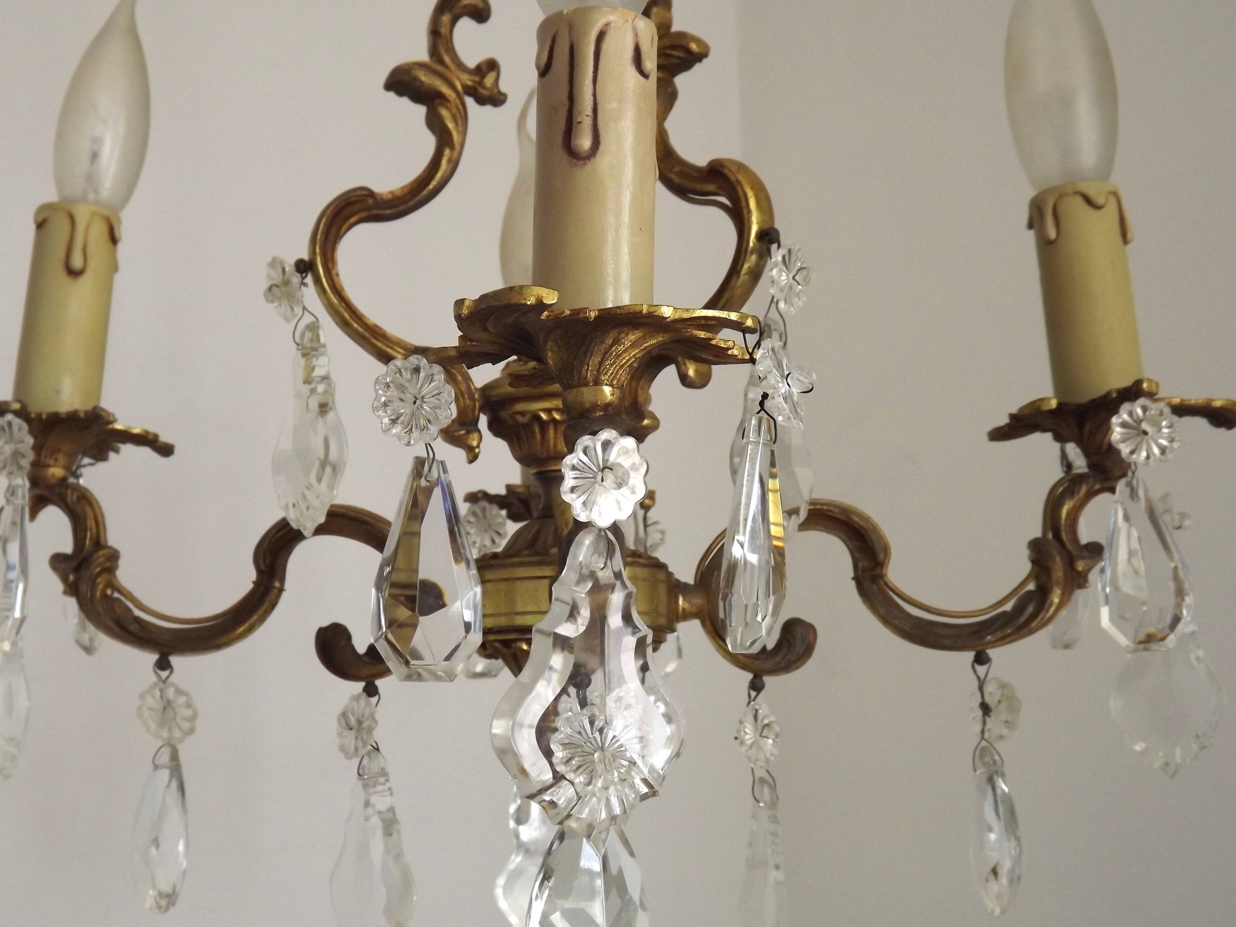 French Antique Art Nouveau 4 Light 3 Side Brass Crystal Cage Chandelier
