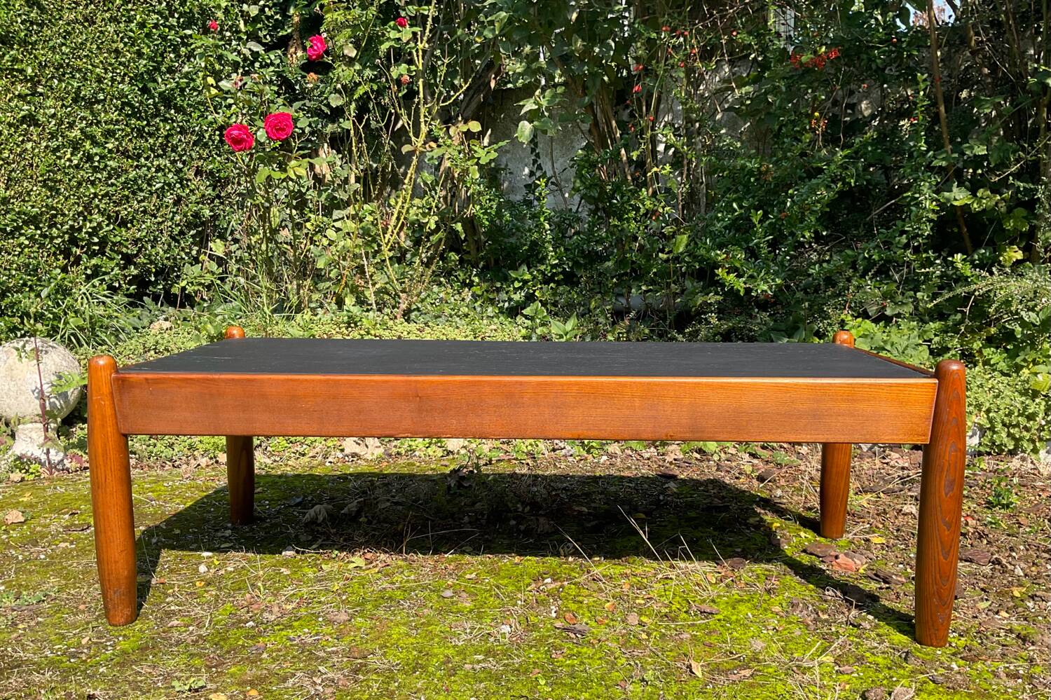 Solid oak and slate coffee table from the 50s-60s