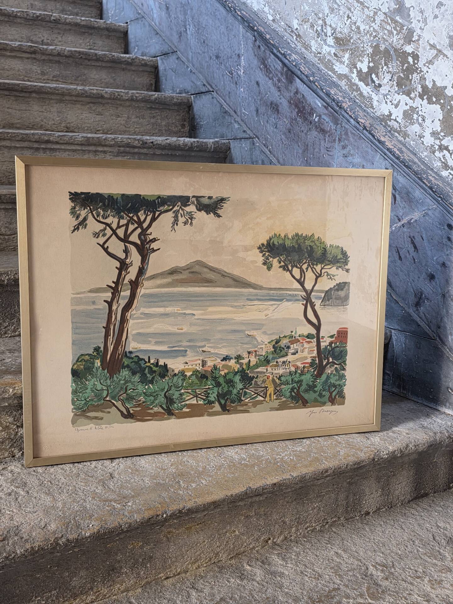 Lithograph by Yves Brayer "Bay of Naples" with certificate of authenticity.
