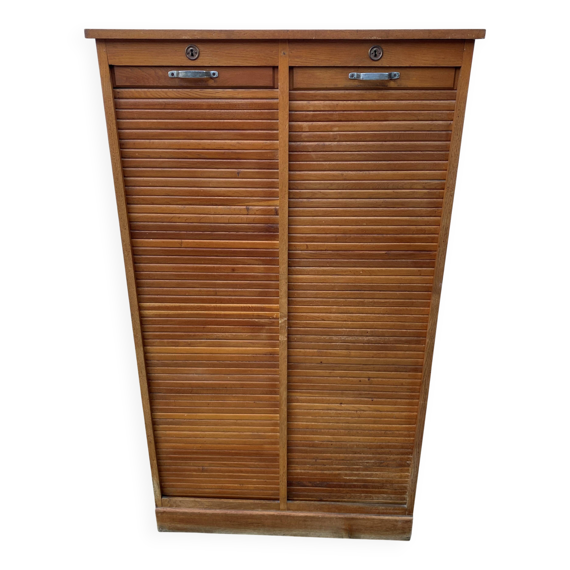 Antique oak double-column roll-top filing cabinet, circa 1950