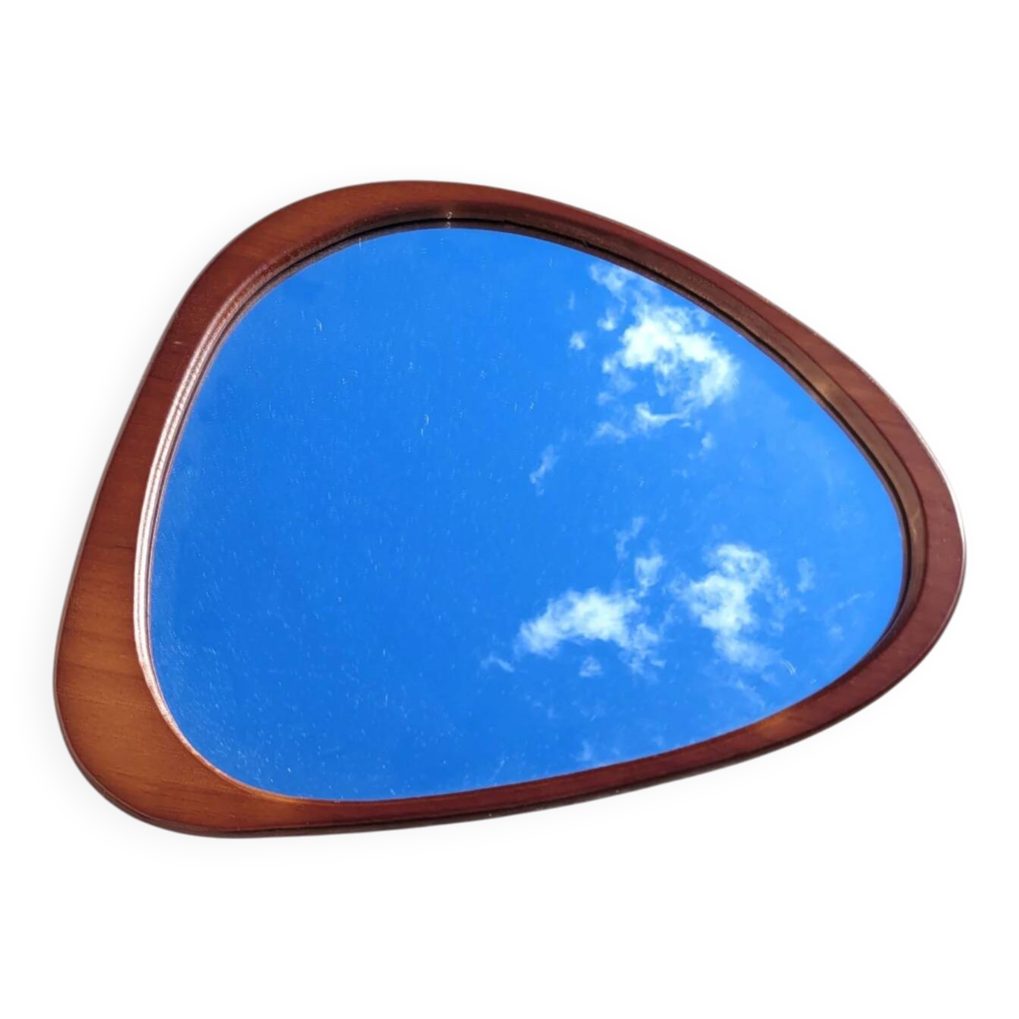 Contemporary oval mirror in teak finish