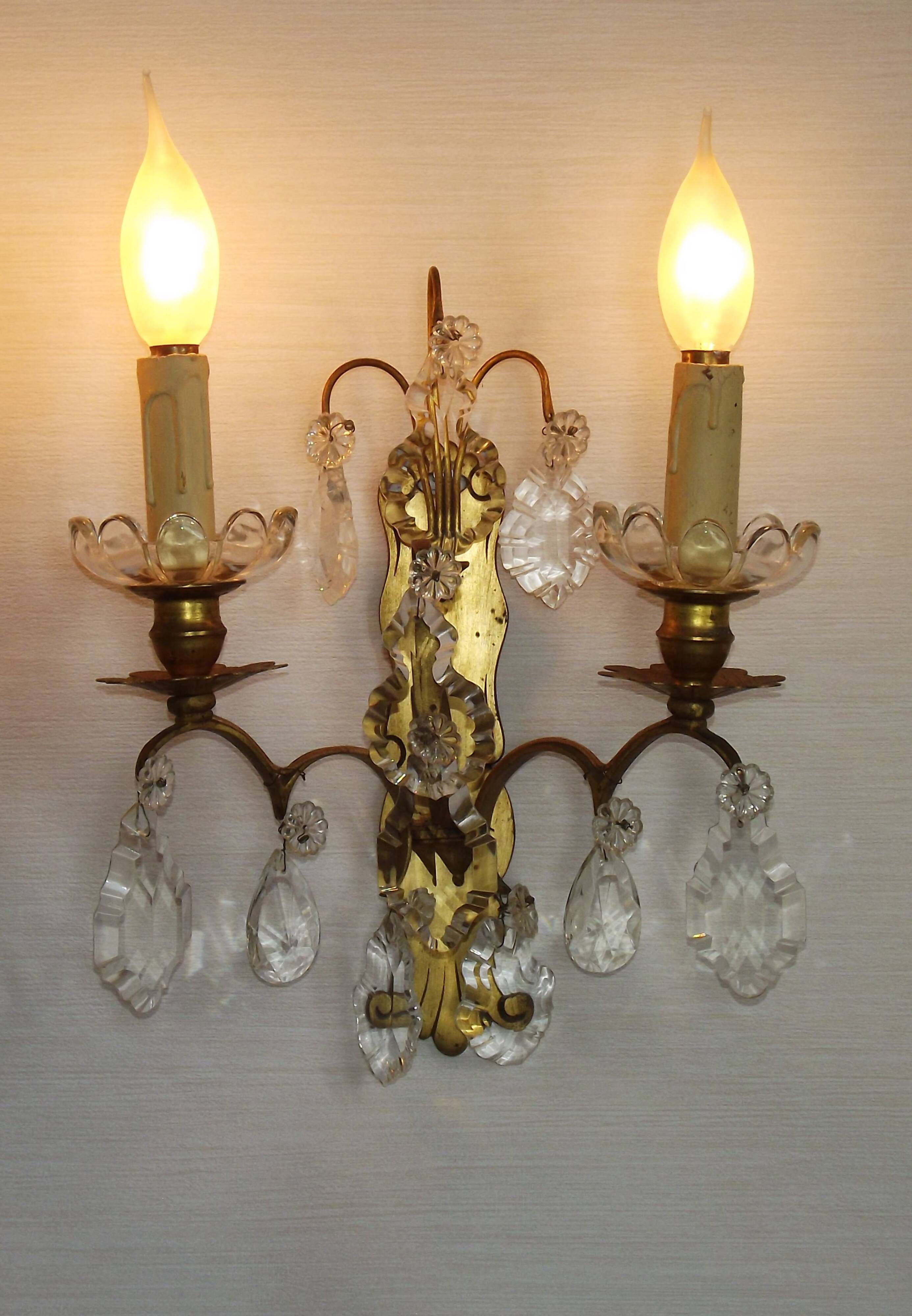 Pair of French Double Brass & Glass Wall Lights Adorned With Crystals