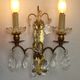 Pair of French Double Brass & Glass Wall Lights Adorned With Crystals