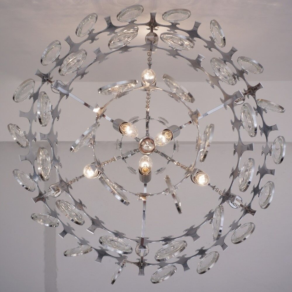 Sciolari chandelier `Ovali` 12 lights, silver with optical crystals, 1970`s ca, Italian, Rewired