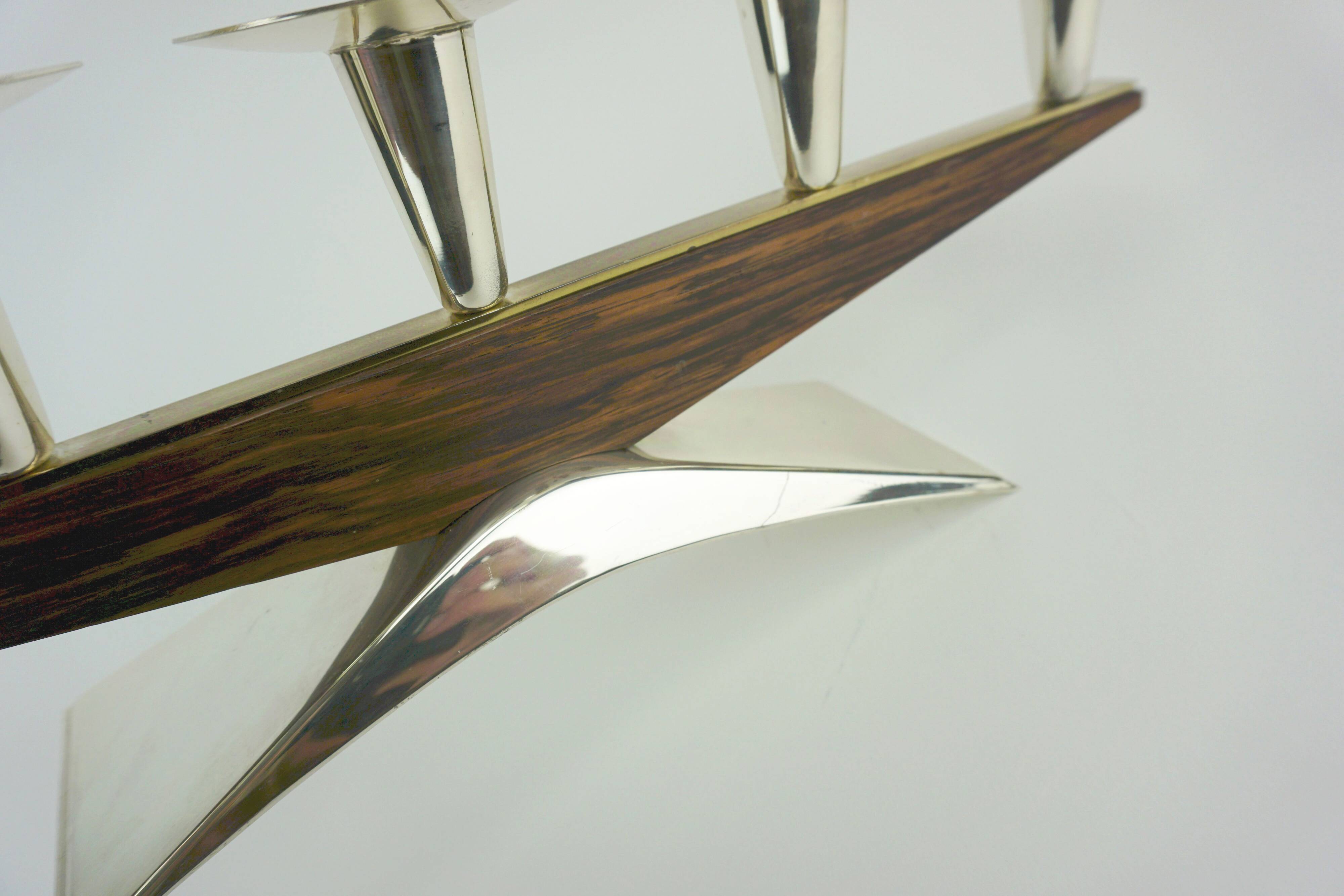 mid century modern CANDLE HOLDER silver-colored metal and wood 1950s 1960s