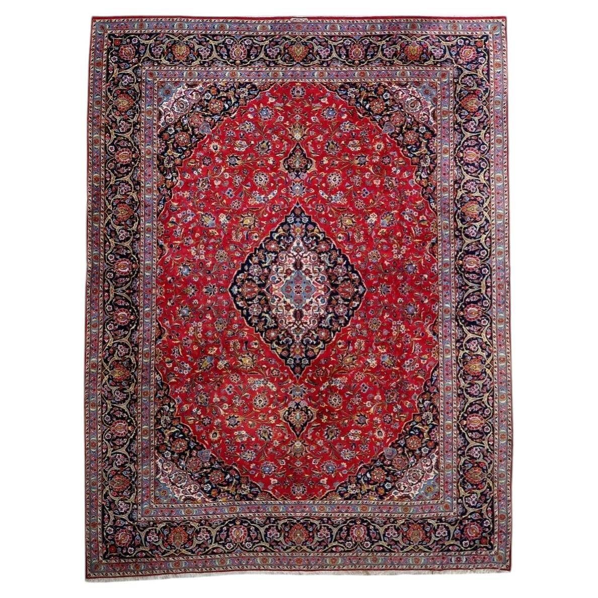 1920s handmade antique wool medallion rug, red & navy, 298 × 411 cm - 1C1302