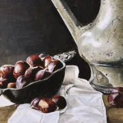 Still life with Jan Steen jug and chestnuts – Marjolein van den Berg