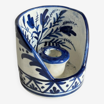 Bougeoir à main ceramique bleue artisanat vintage