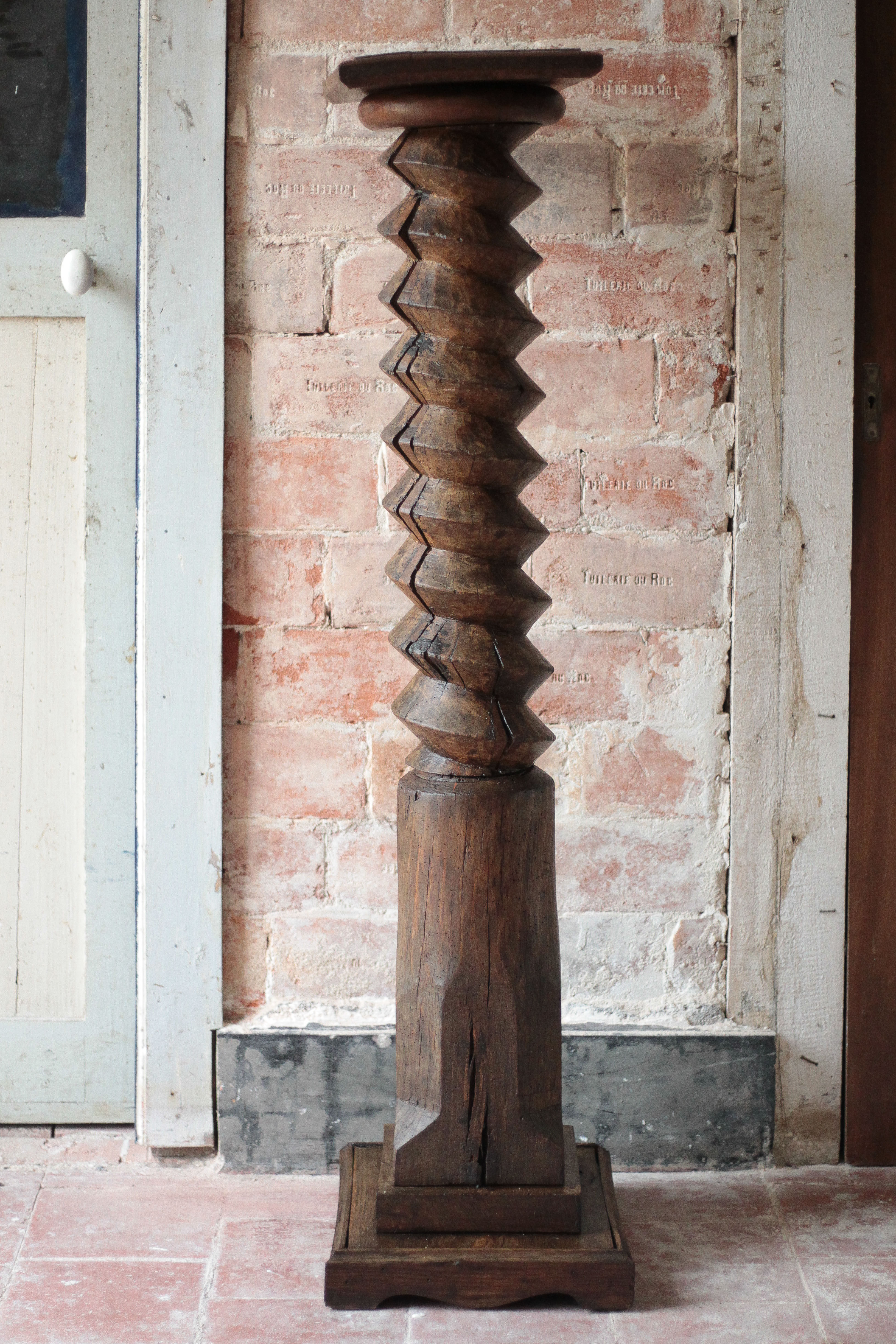 Vintage turned wooden press screw column