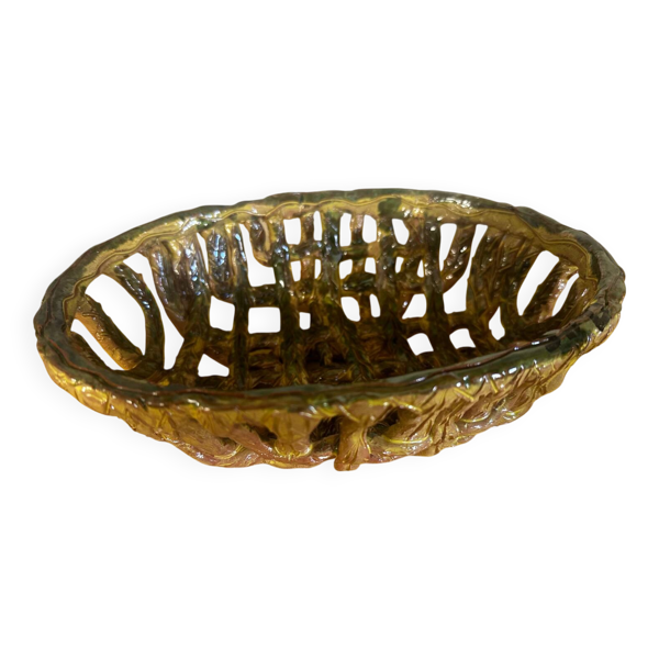 Corbeille / vide poche vintage en céramique tressée 19 / 25 cm