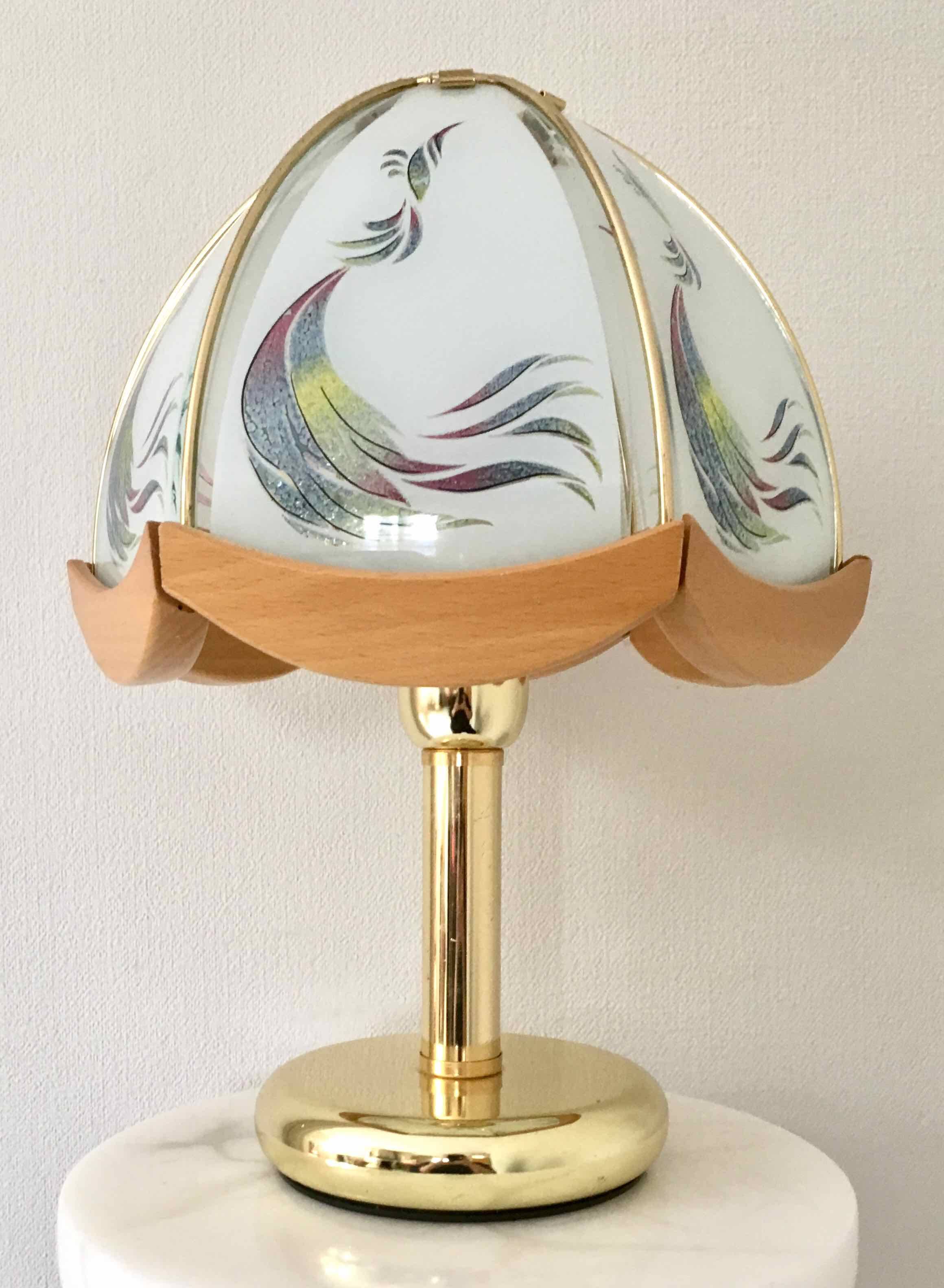 Lampe en verre, bois et métal doré