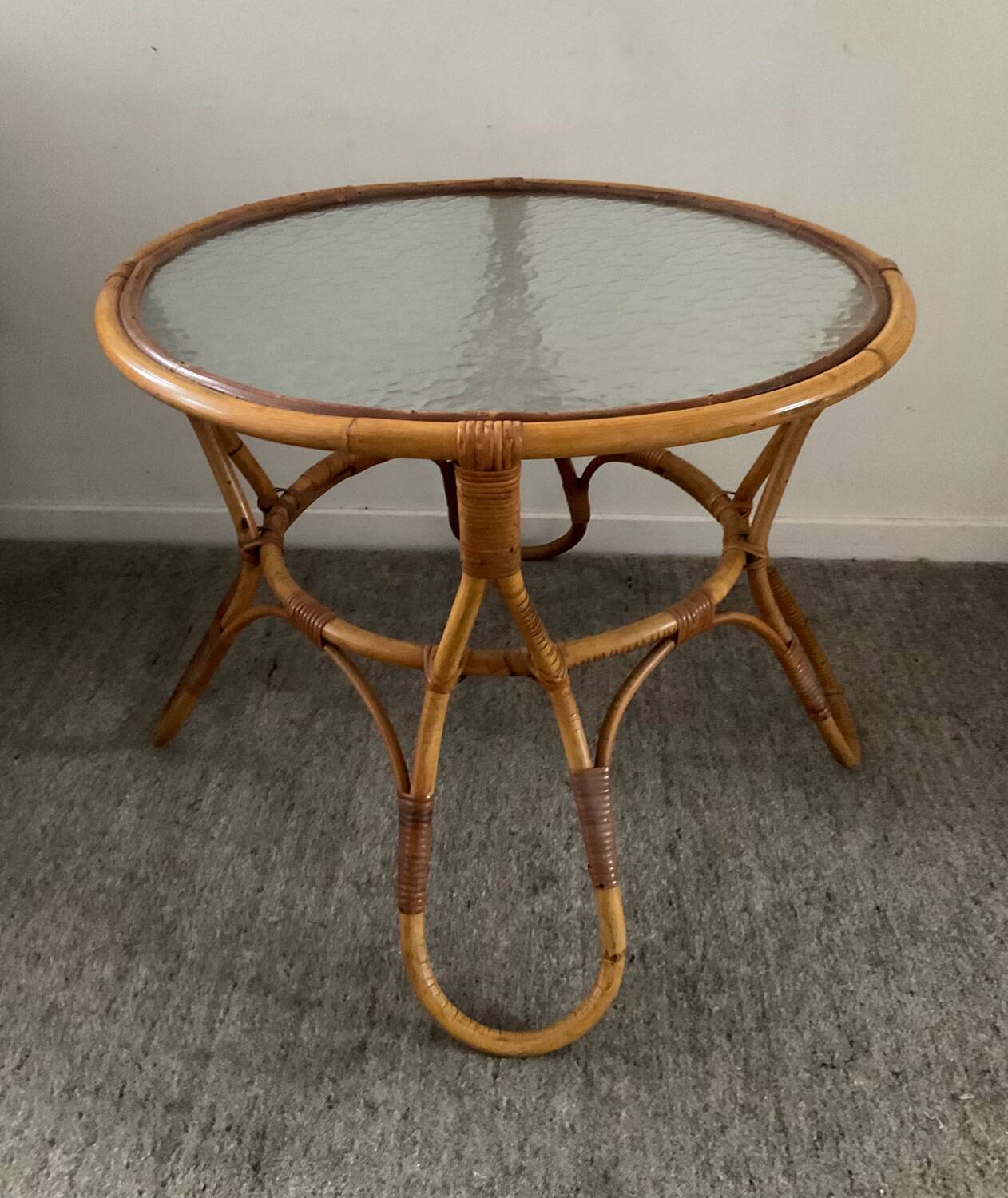 1960s rattan and glass coffee table
