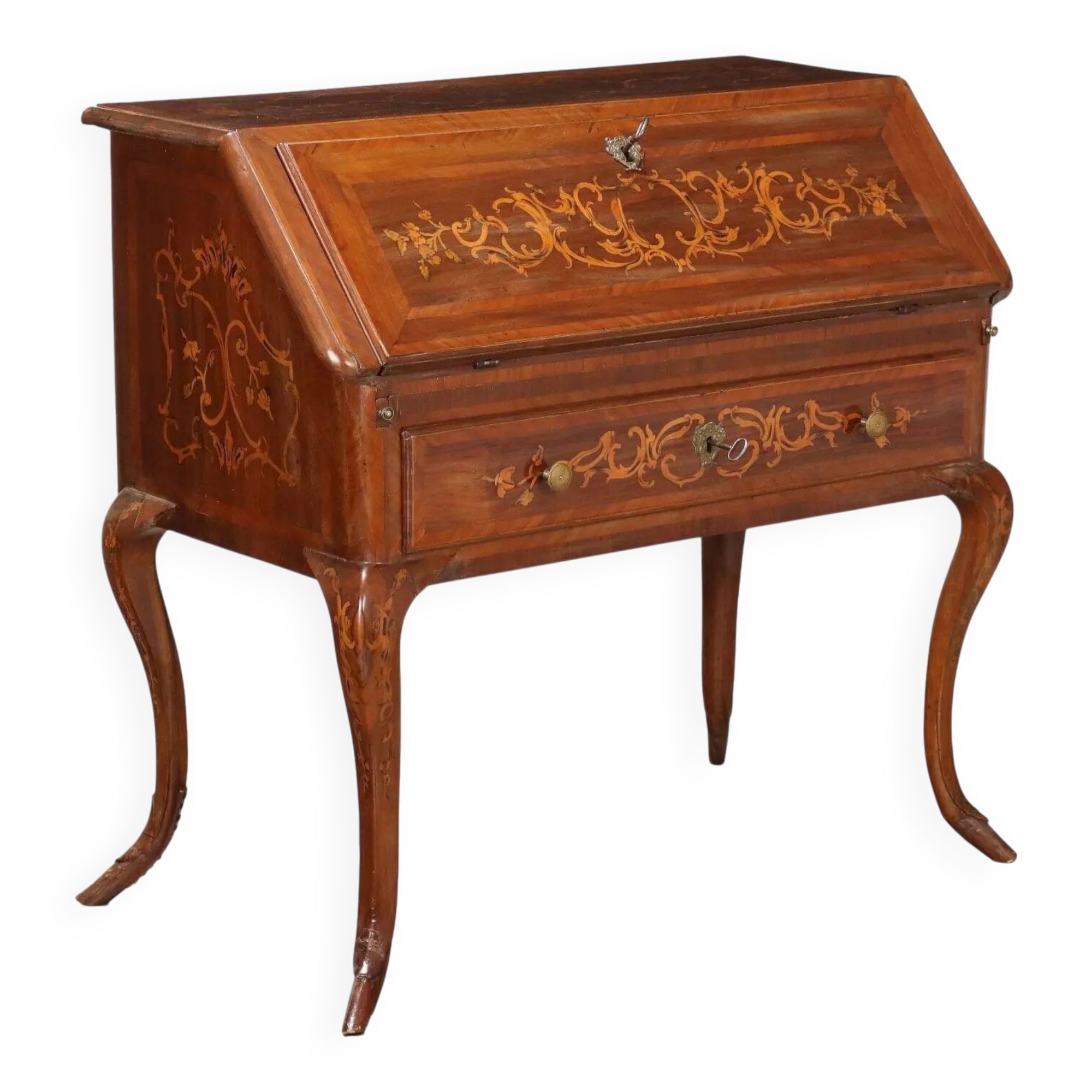 Antique writing desk in walnut with drawers and inlays, Italy, 18th century.