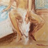 Tableau signé pastel  portrait féminin « le bain »