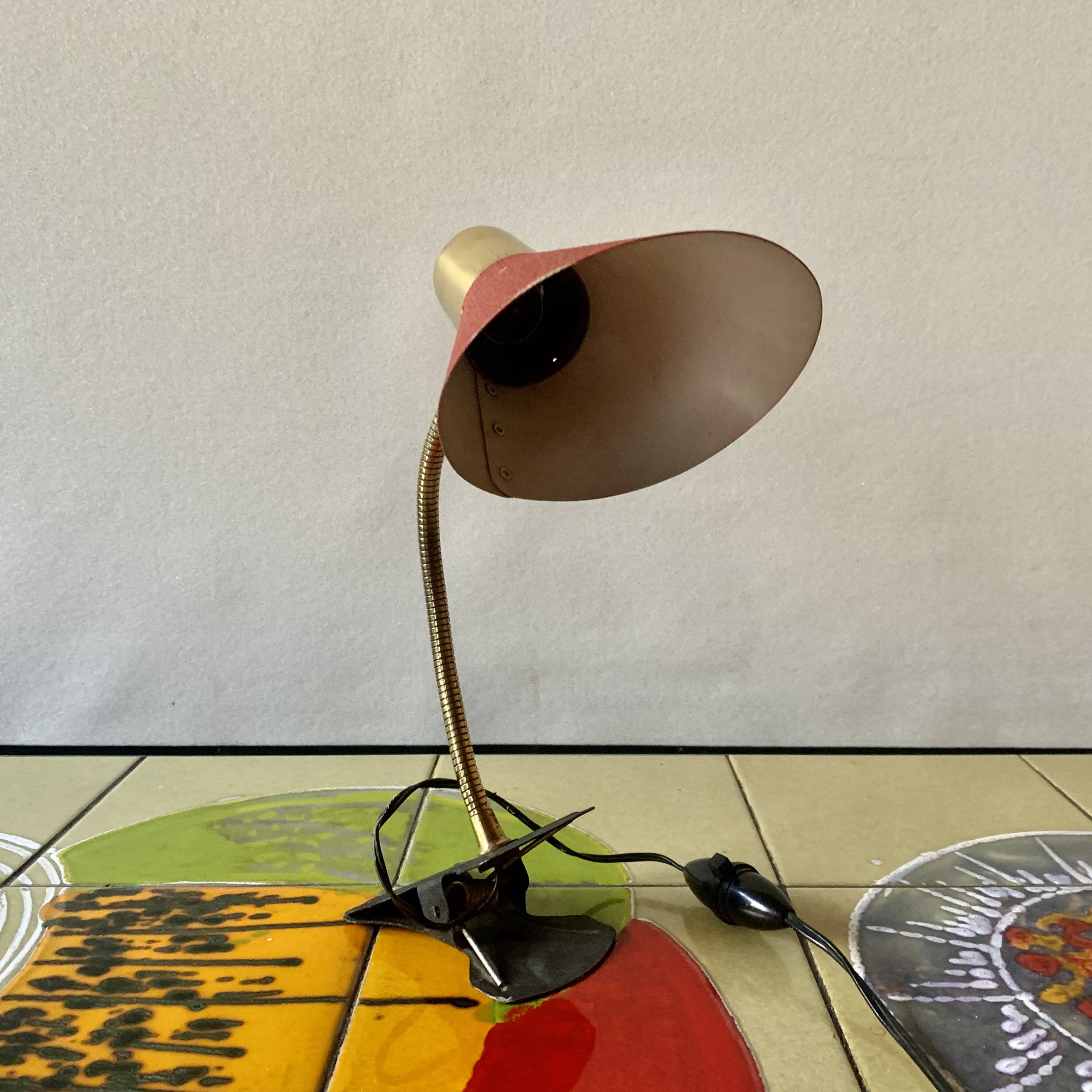 Brass and red painted metal clamp desk lamp - 1950s