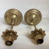 Pair of brass candlesticks with worked flower balls.