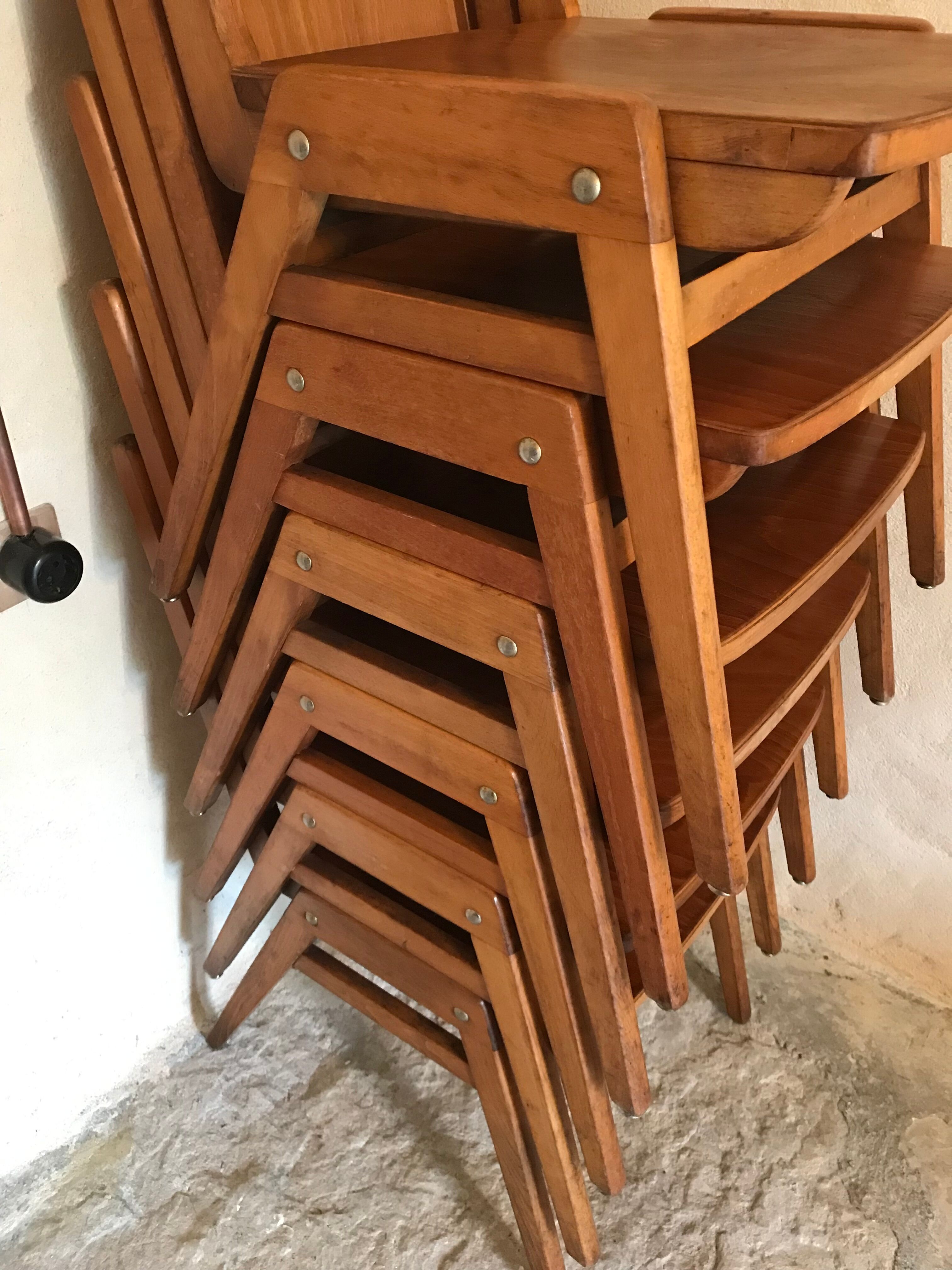 Set of 6 vintage wooden stackable chairs compass legs Germany 1960's