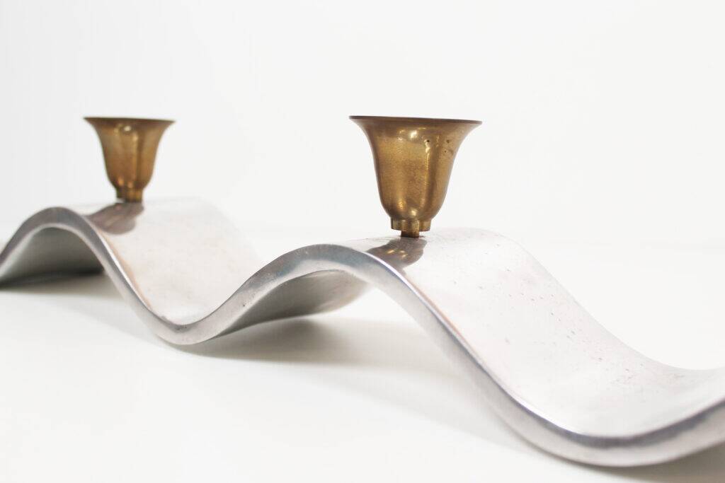Brutalist 1990s 'Wave' aluminium and brass candelabra