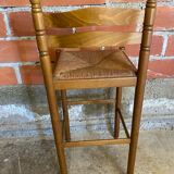 Tabouret de bar haut ancien bois tourné + assise paillée vintage