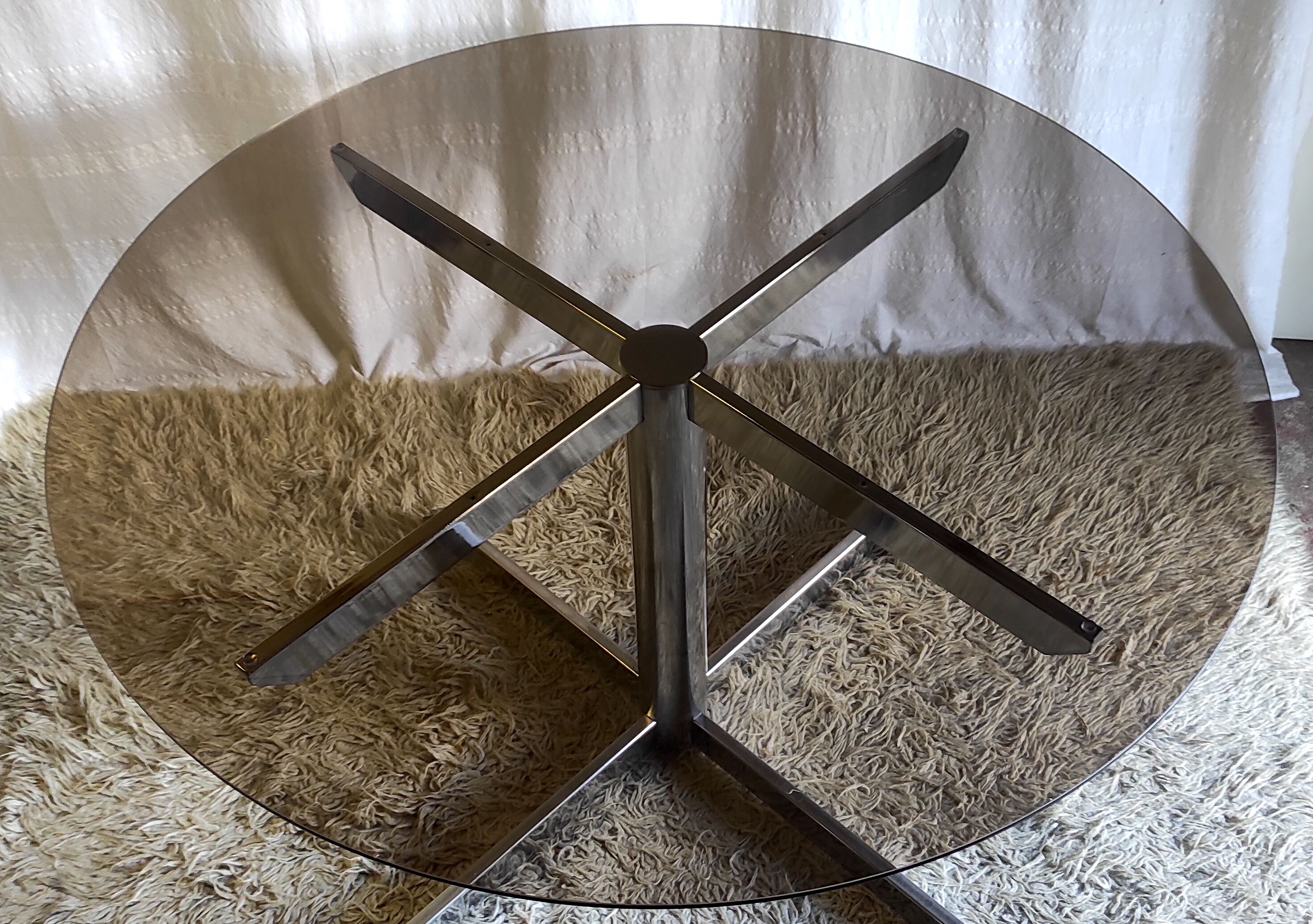 Roche Bobois dining table design chromed metal and smoked glass – 70s