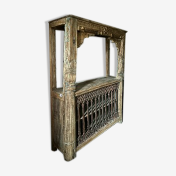 Bar cabinet with wrought iron frame and base