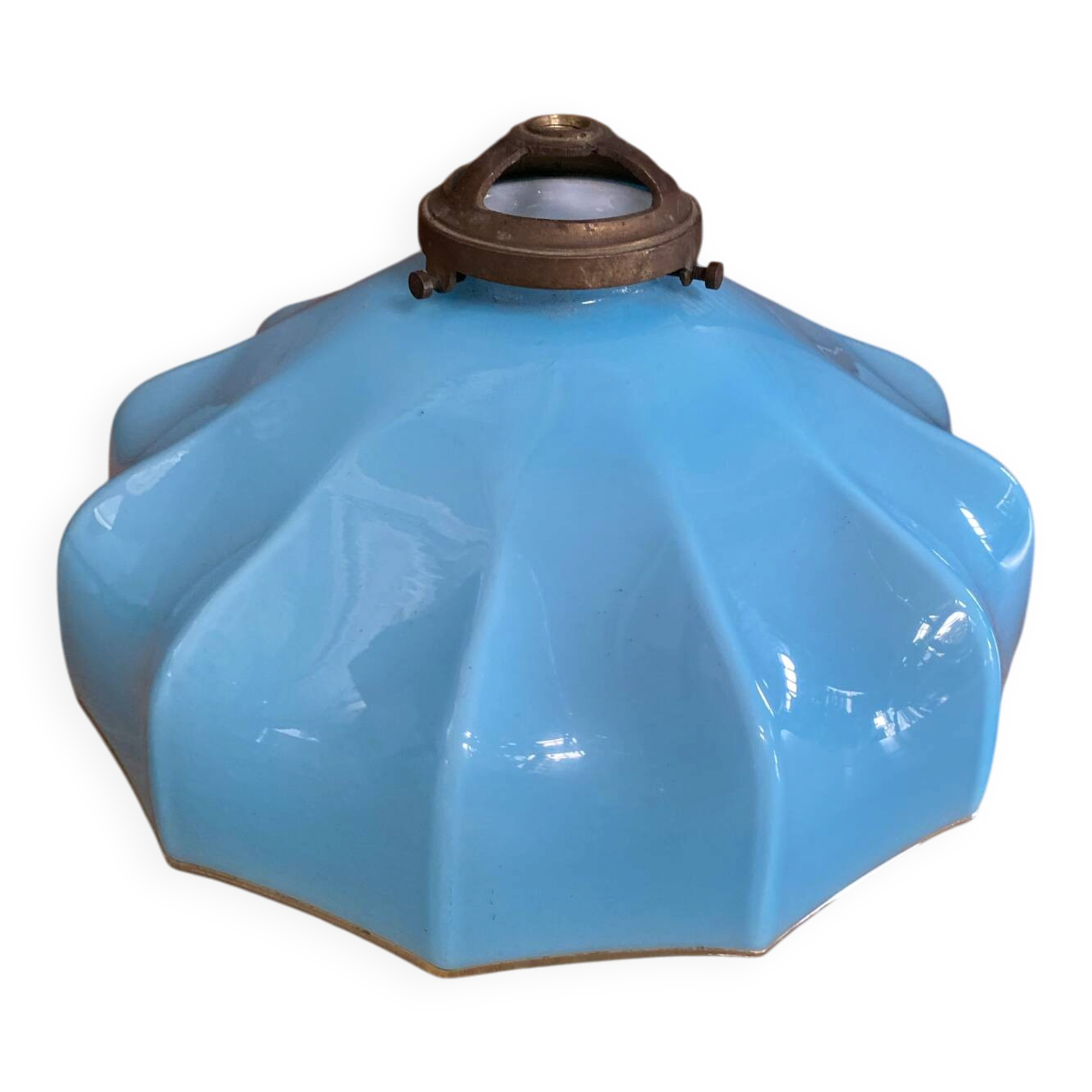 Old Suspension Opaline Blue Lampshade White Interior + Brass #E