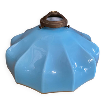 Suspension Ancienne Abat Jour Opaline Bleu Interieur Blanc + Laiton #E