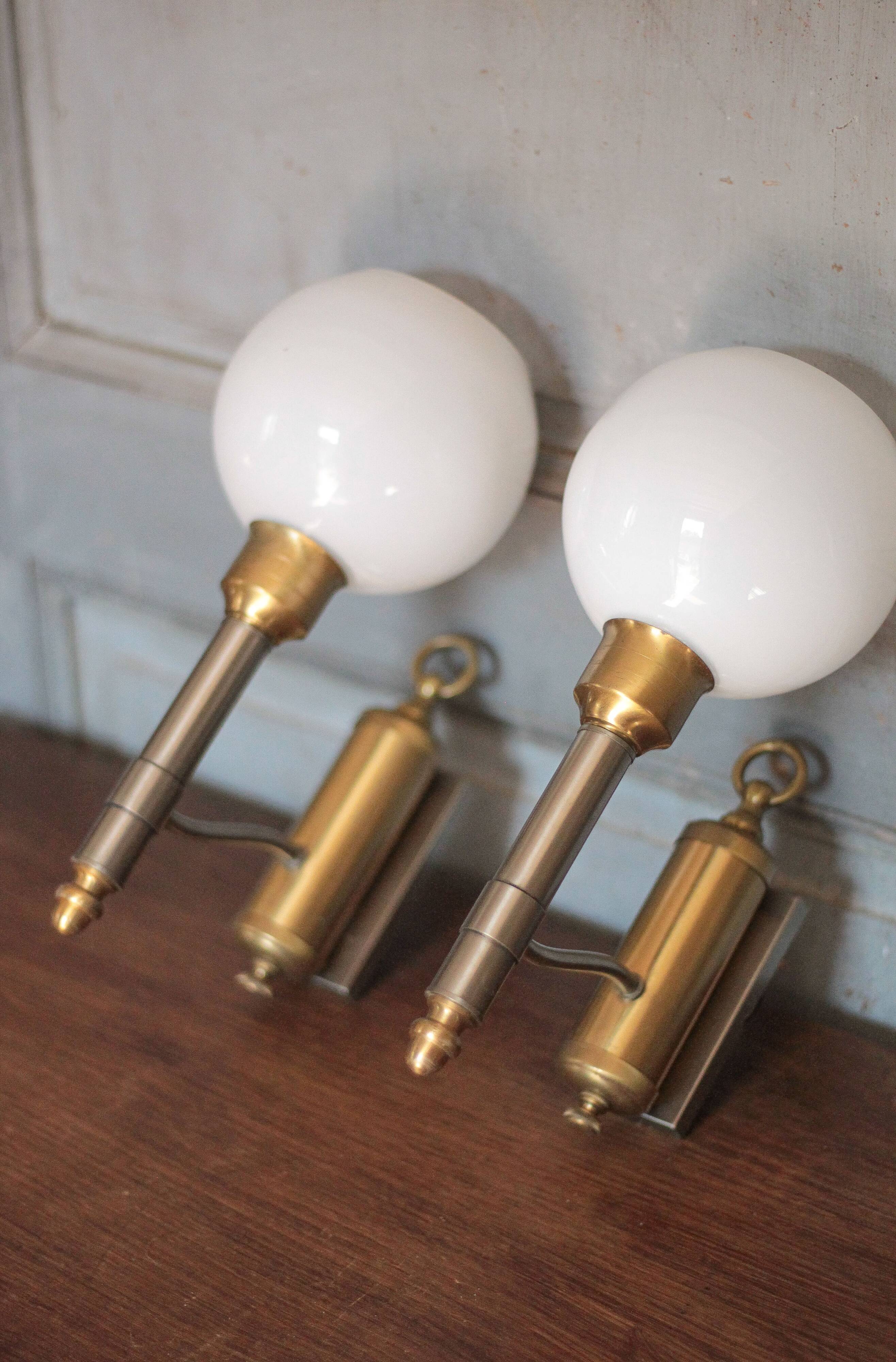 Pair of brass and white opaline wall lights, vintage wall light