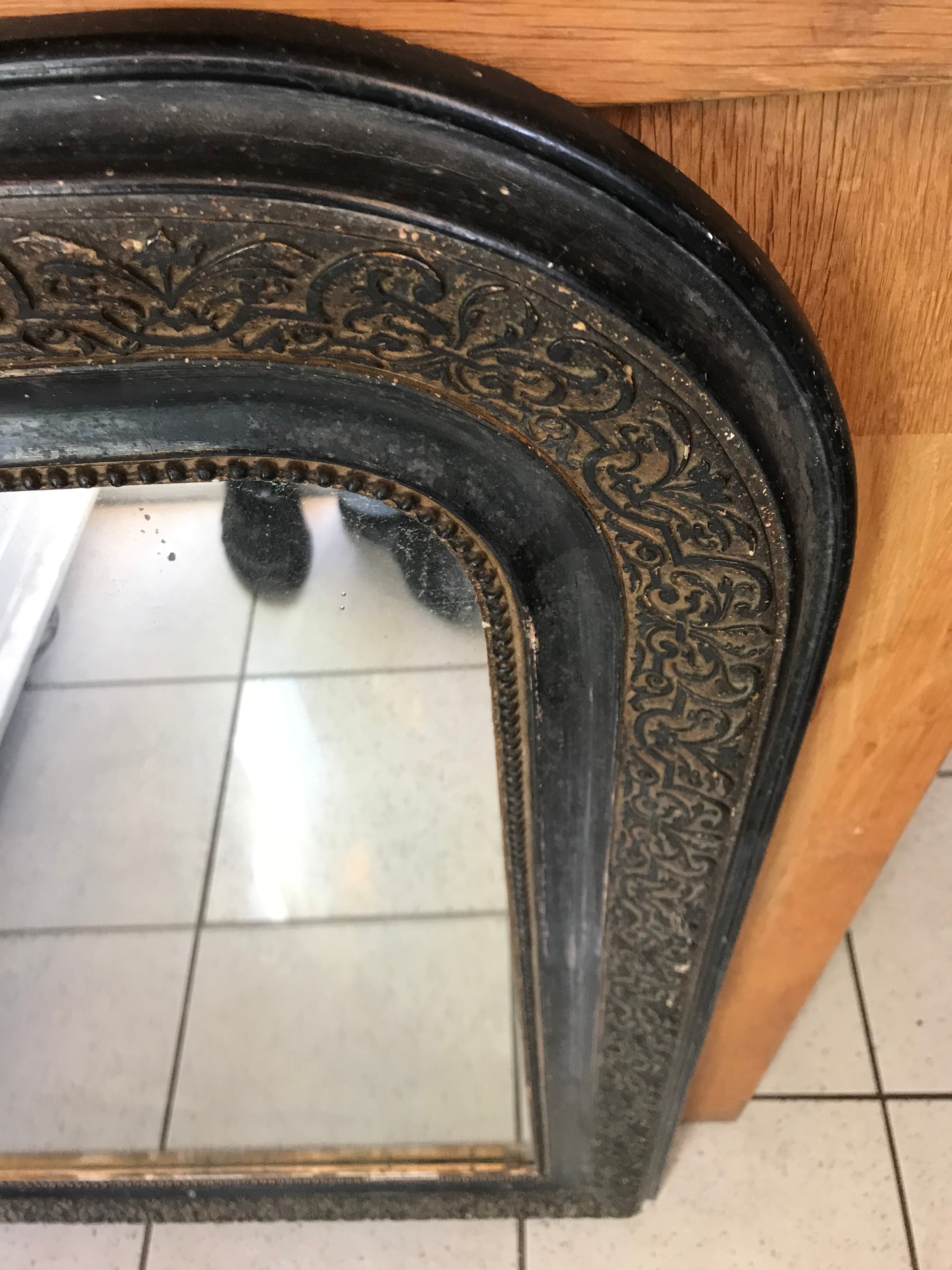 Antique Louis Philippe mirror in black wood & plaster beads row + vintage friezes
