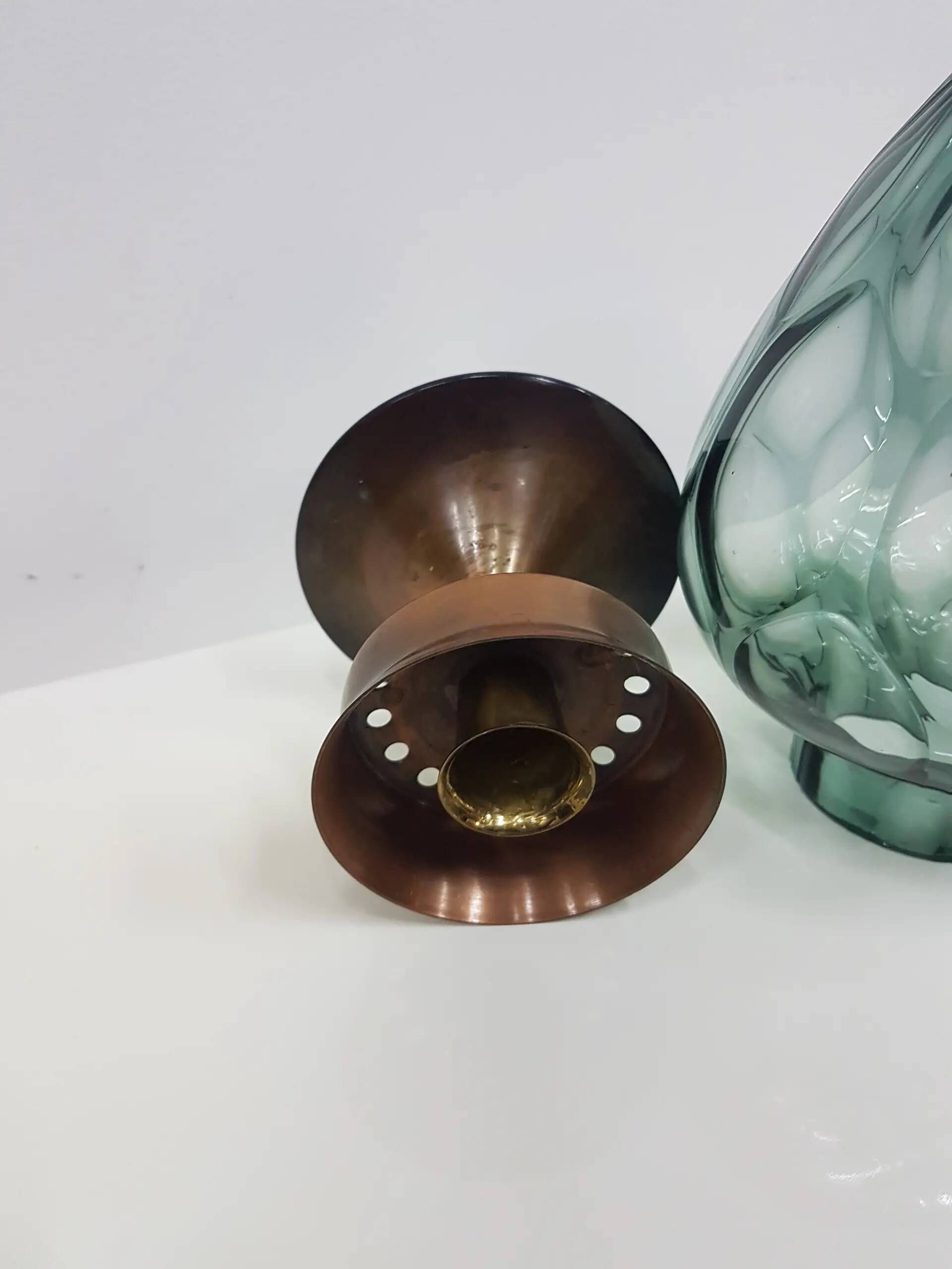 Candlestick, gold-tone brass, clear greenish glass, Austria, 1960s.