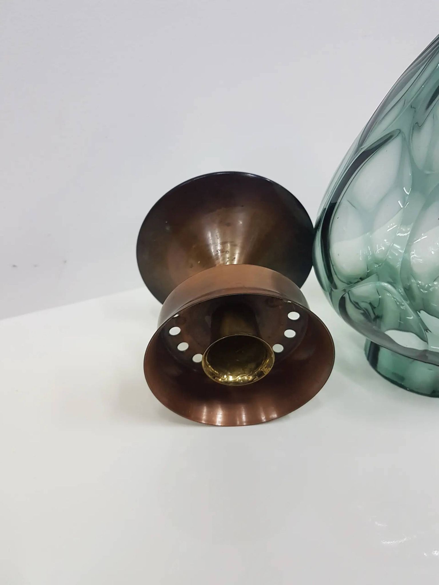 Candlestick, gold-tone brass, clear greenish glass, Austria, 1960s.