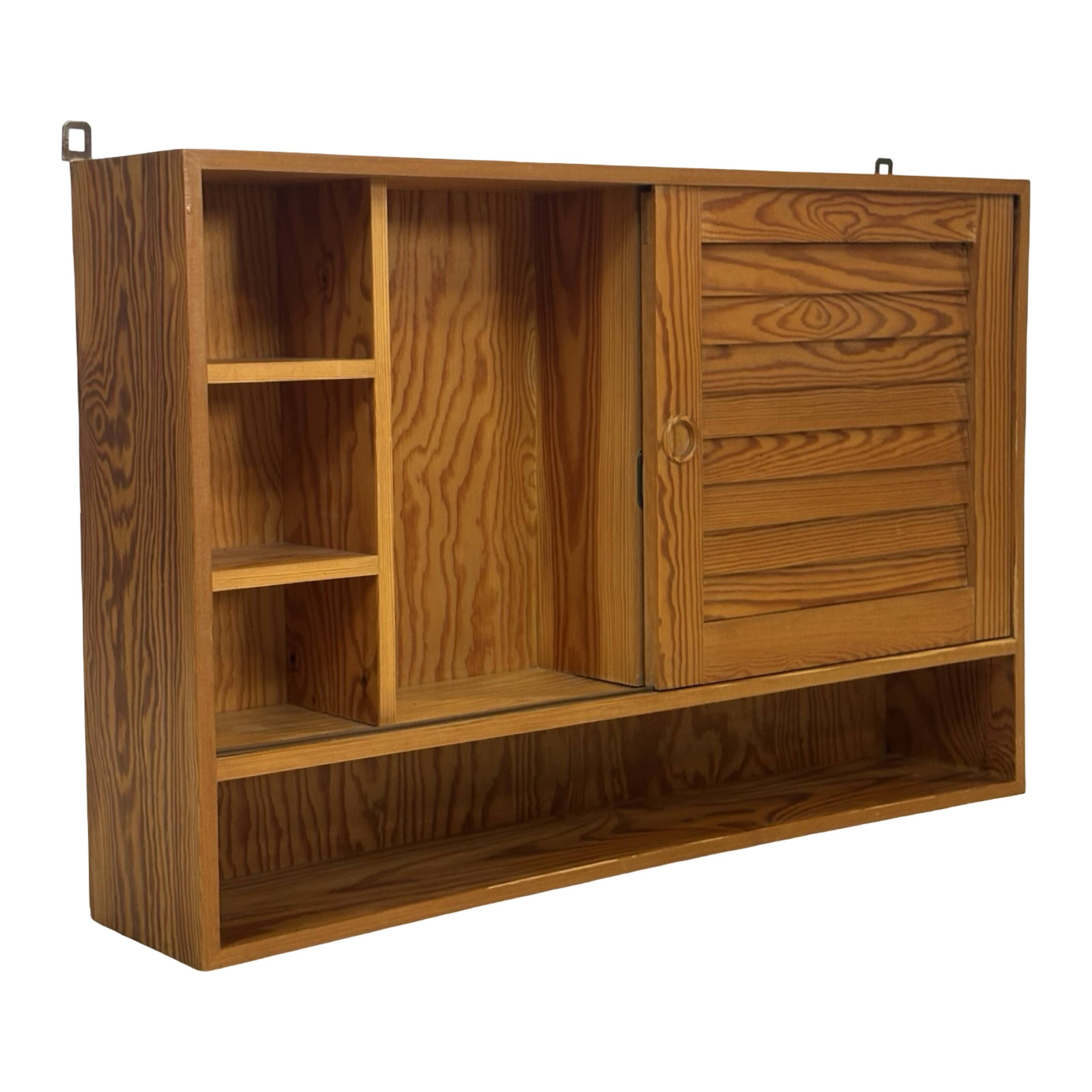 Vintage 1970s pinewood wall cabinet shelf wall unit