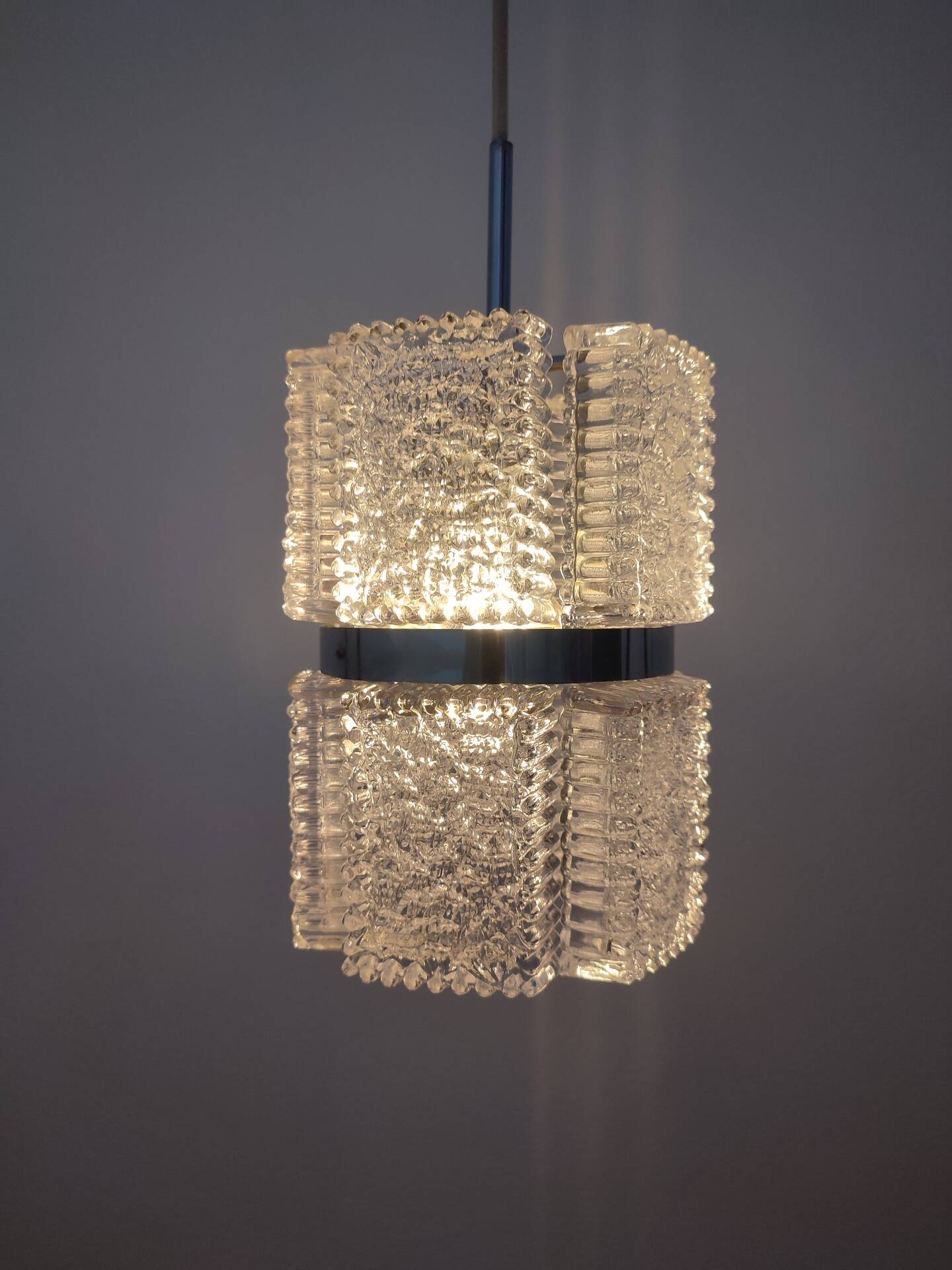 Brutalist Suspension "Ice Glass" and Chrome by Kaiser Leuchten