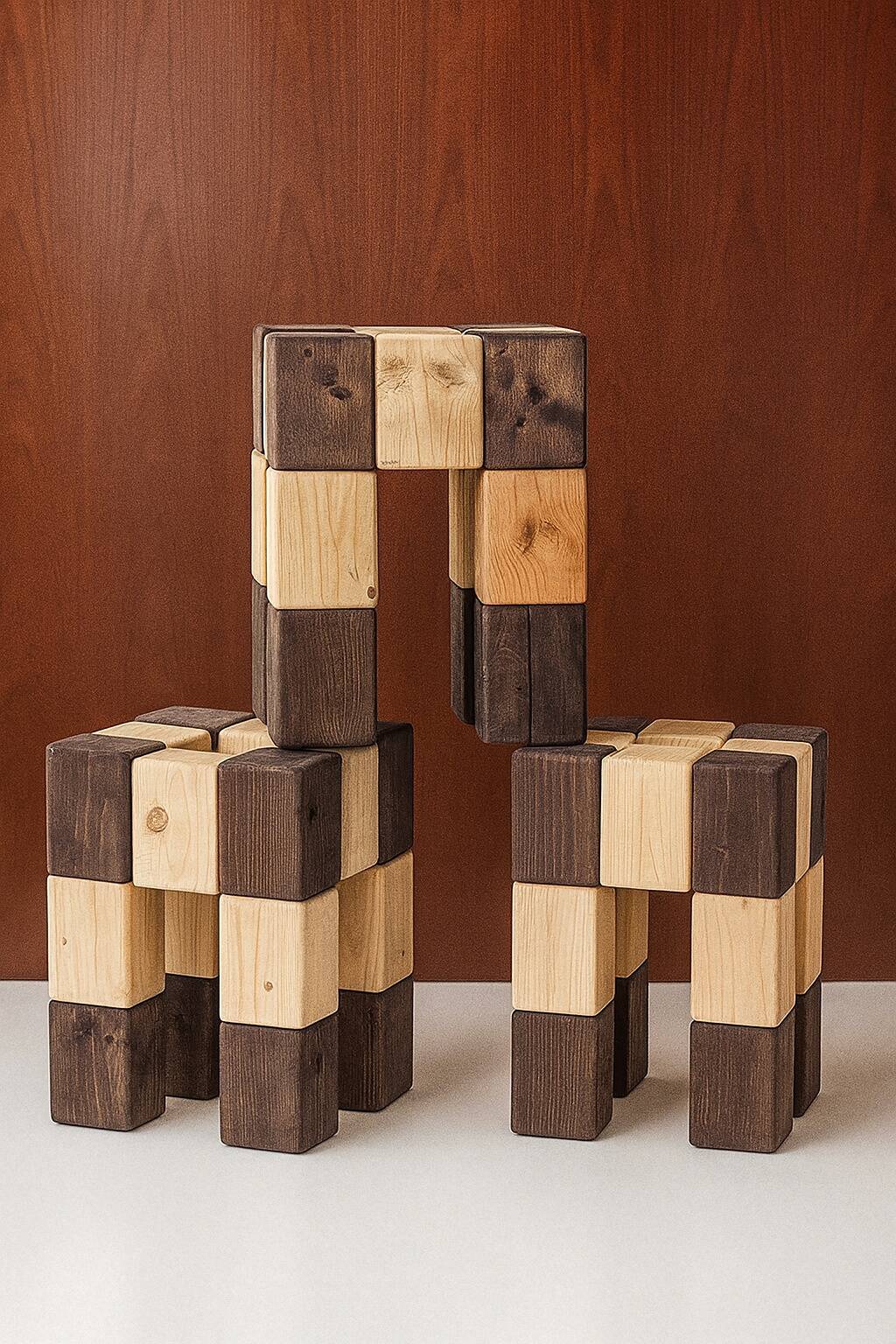 Set of 3 stools with a checkerboard pattern in solid wood.