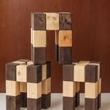 Set of 3 stools with a checkerboard pattern in solid wood.