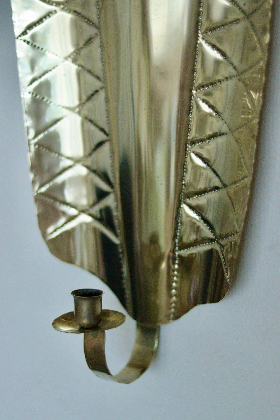 Pair of mid-century Swedish brass shield shape sconces