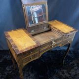 19th-century hairdresser with marquetry decoration on oak in the Louis XV Transition style.