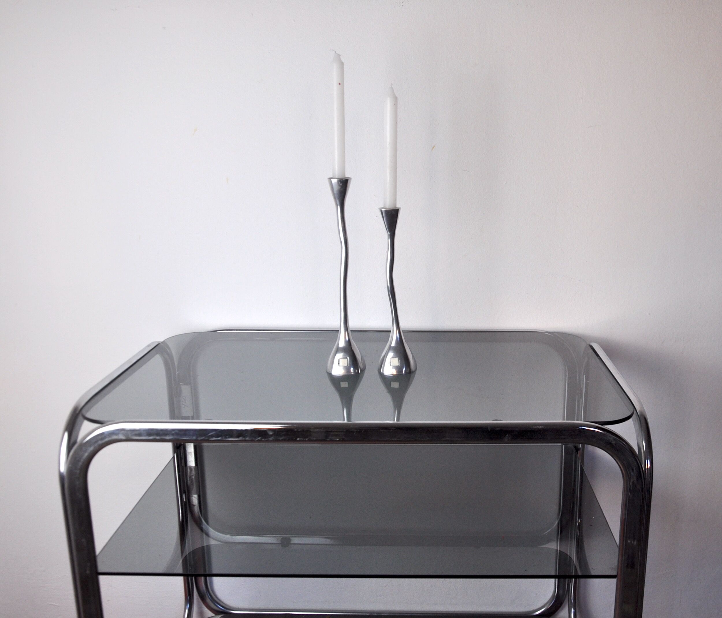 Pair of zigzag candle holders, solid aluminum and polished stone, art3, Spain, 1970