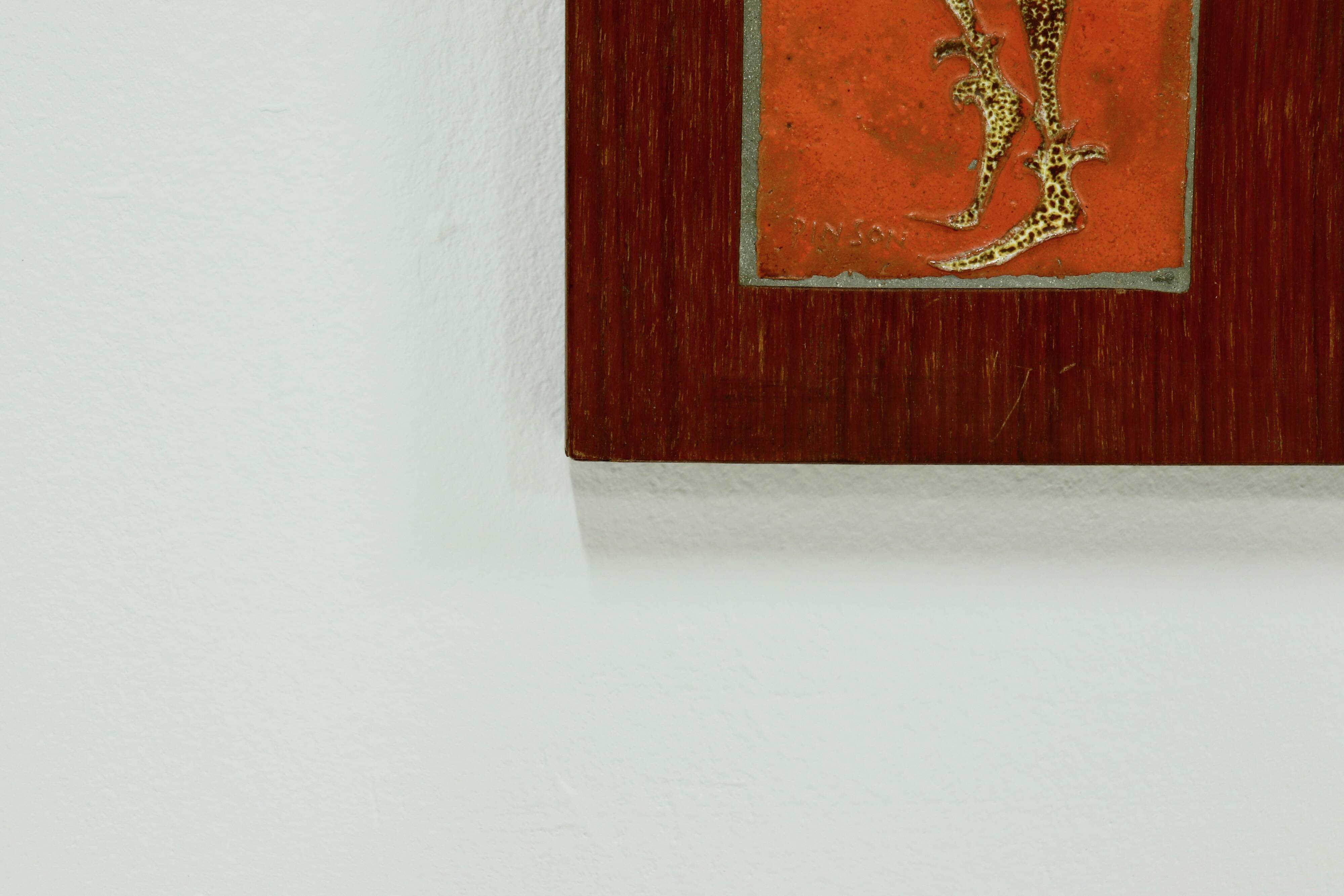 Mid-Century Teak and Ceramic Mirror by Atelier Pinson 1960s