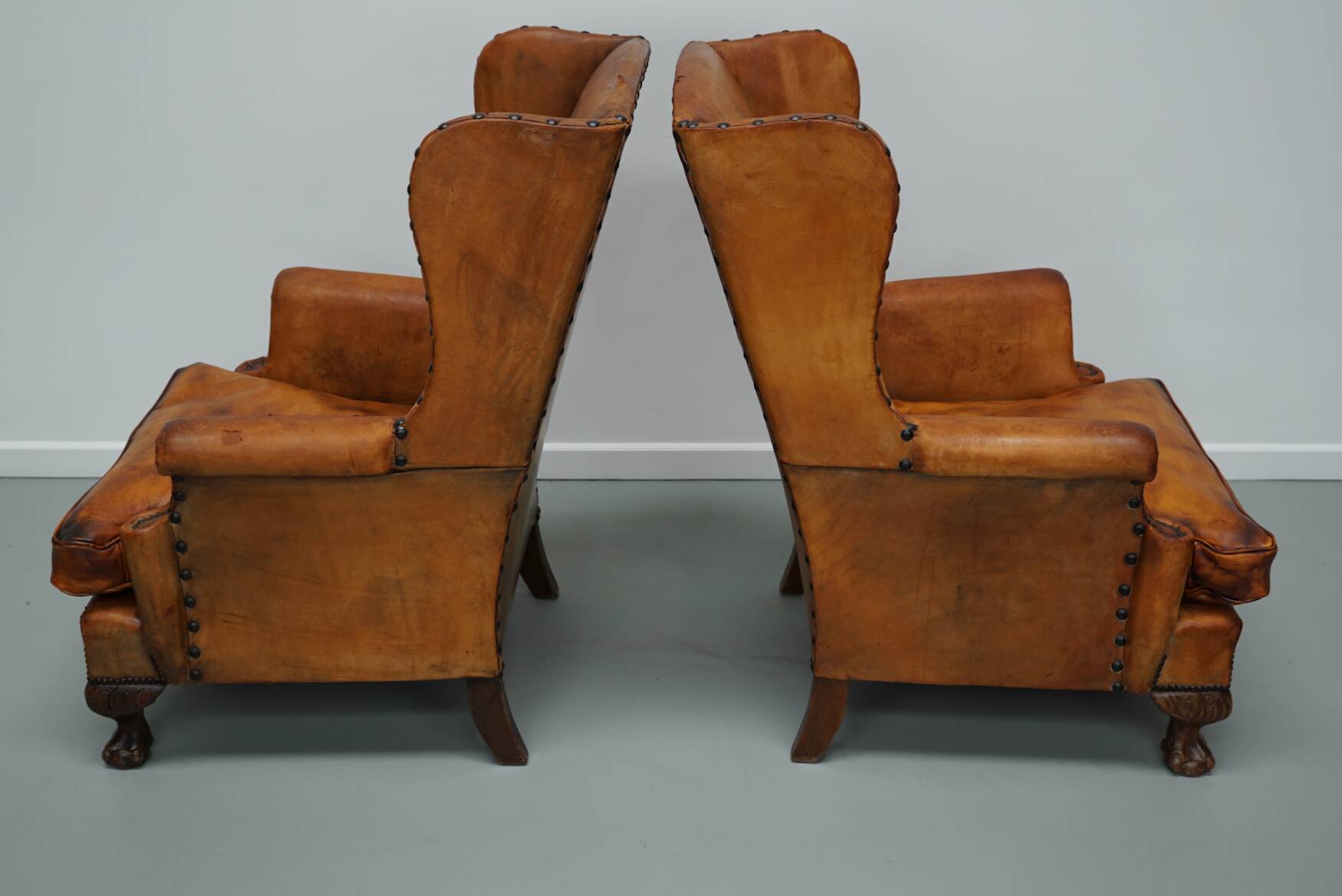 Old Patinated Dutch Cognac Colored Leather Club Chair, Set of 2