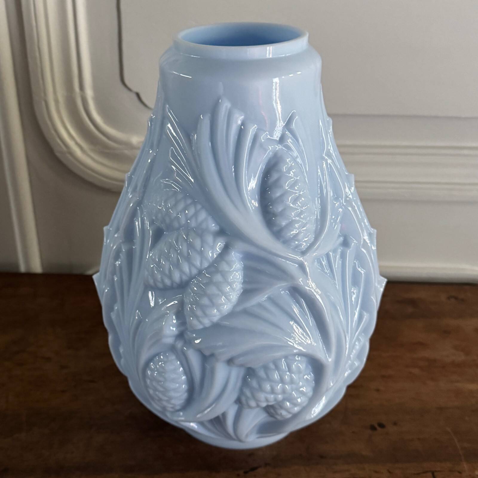 Blue opaline vase decorated with foliage and pine cones, 1930