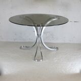 Living room table "Space Age" polished steel, circular slab smoked glass. France, circa 1970.
