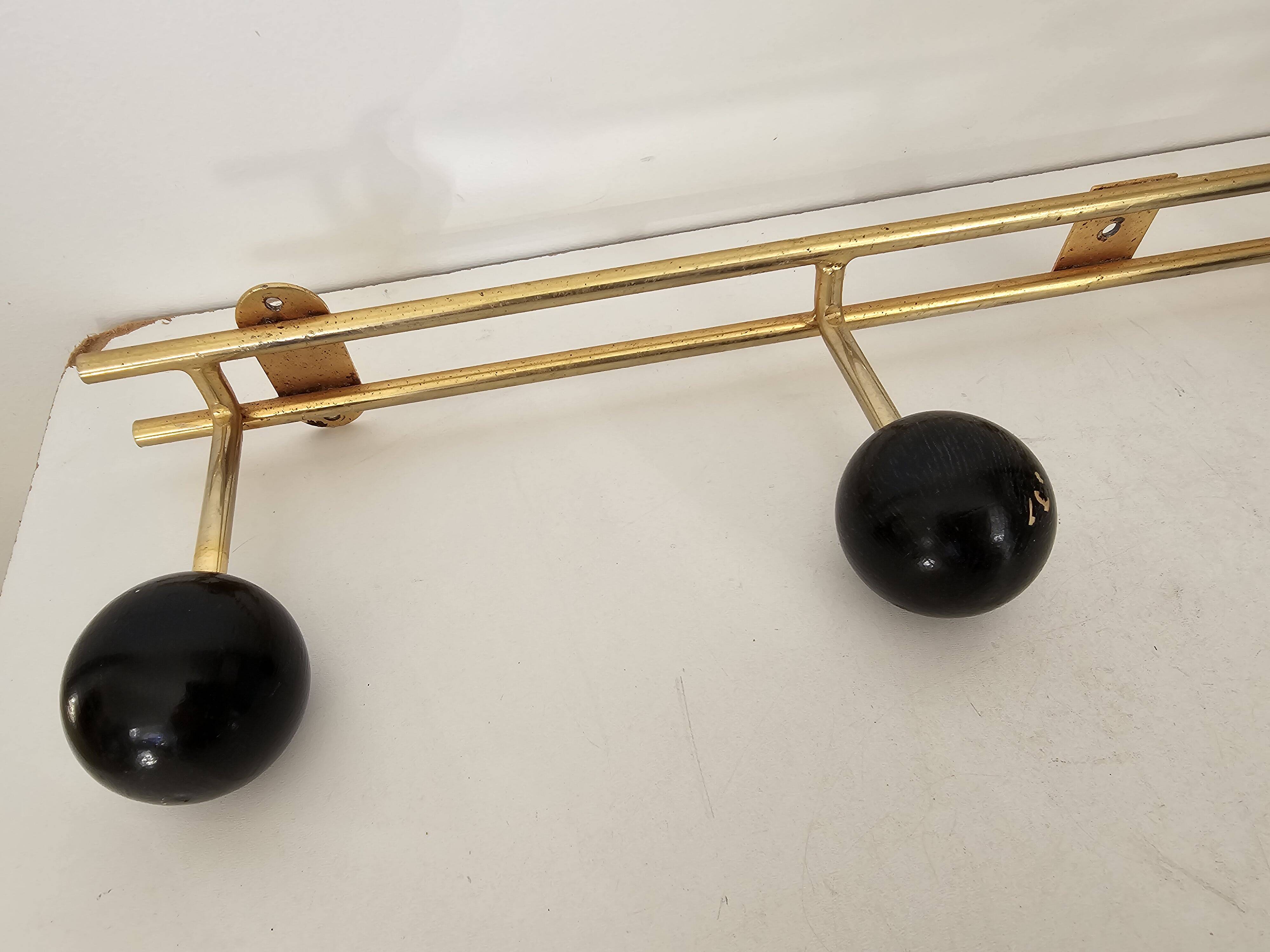 Vintage brass coat rack with black wooden ball (4 hooks)