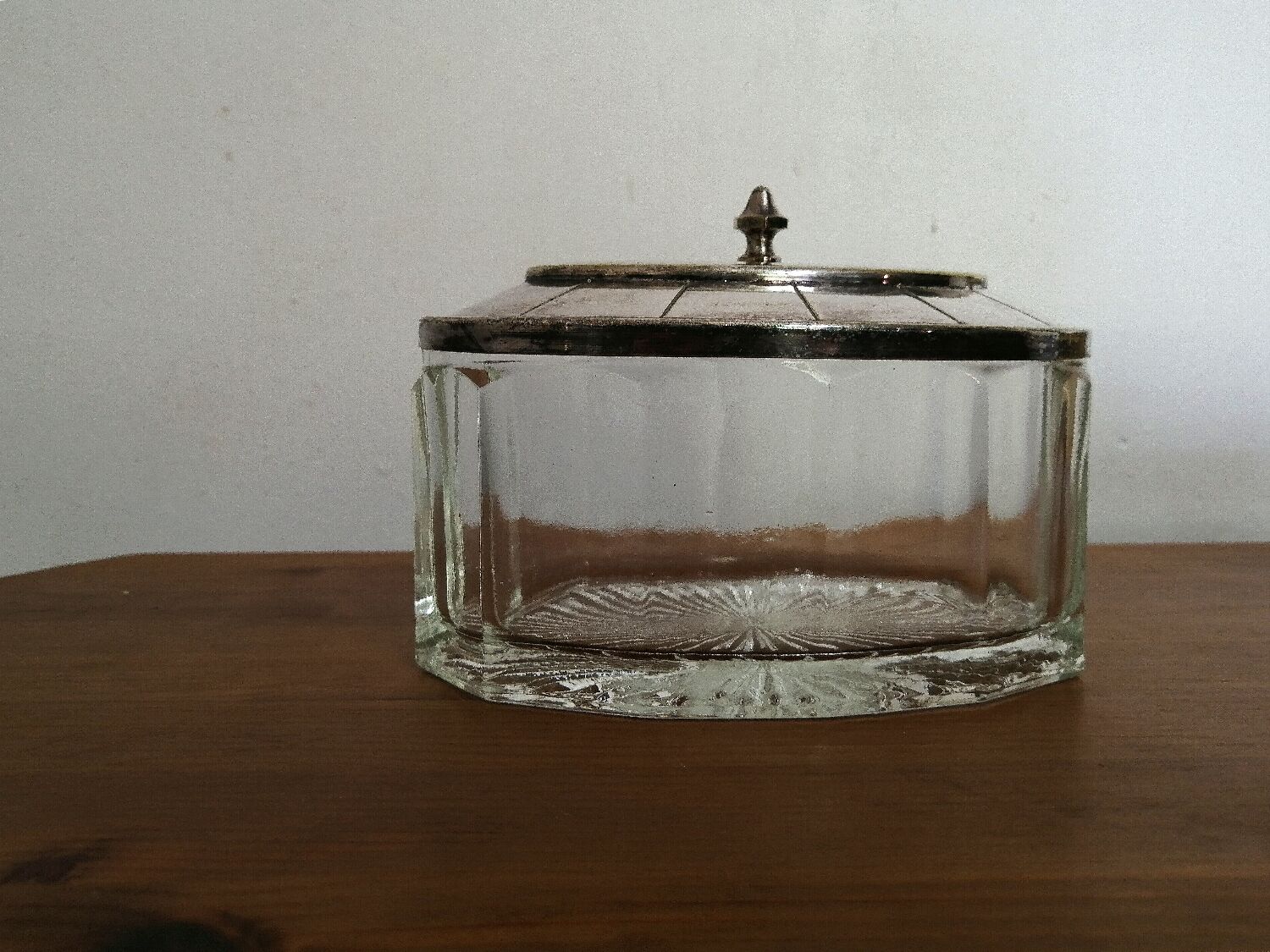 Glass sugar on art deco silver tray