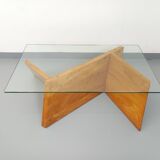 Vintage rectangular coffee table in solid elm and glass from the 80s