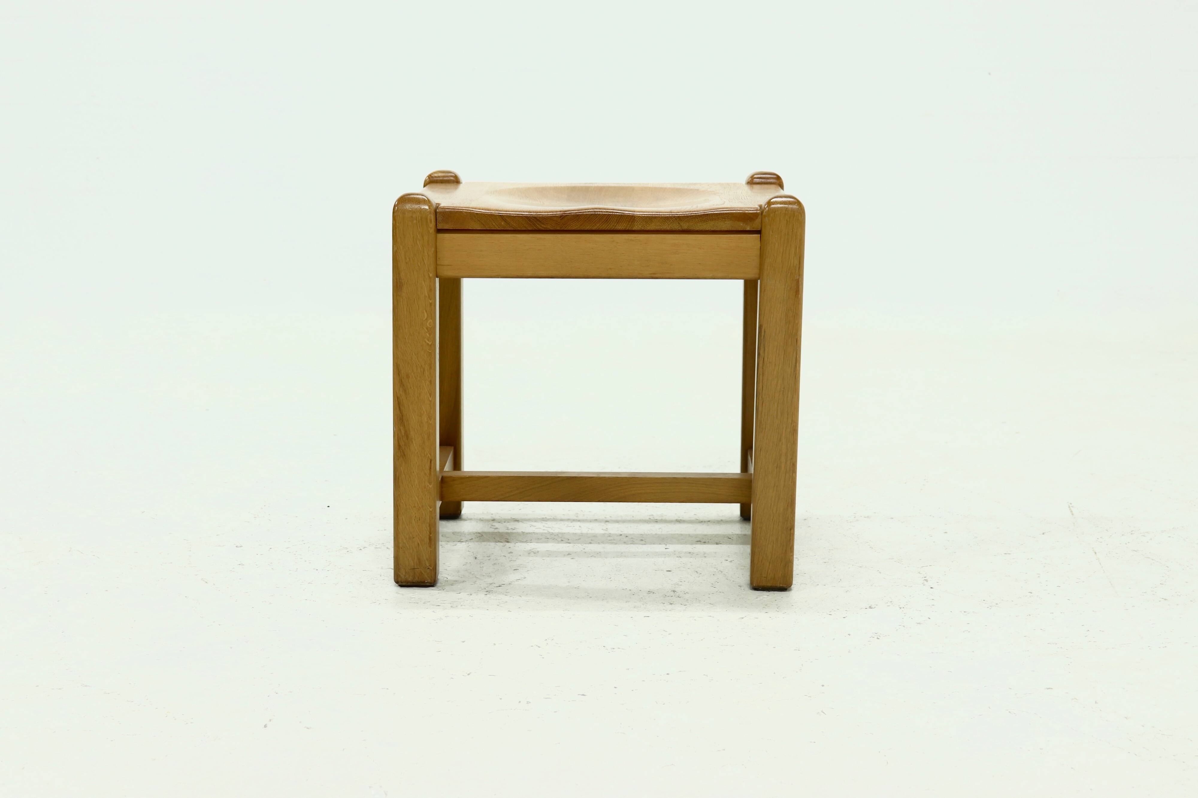 Solid Blonde Oak Cubic Stool with Carved Seat, 1970s