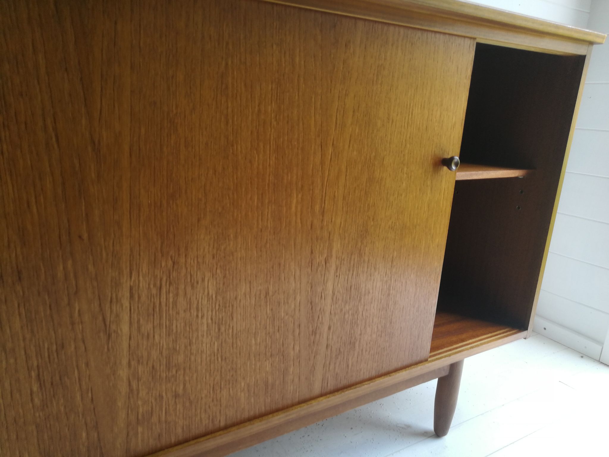 Mid Century Vintage Teak Sideboard Display Bookcase Cabinet 1960'S Sliding Glass And Teak Doors