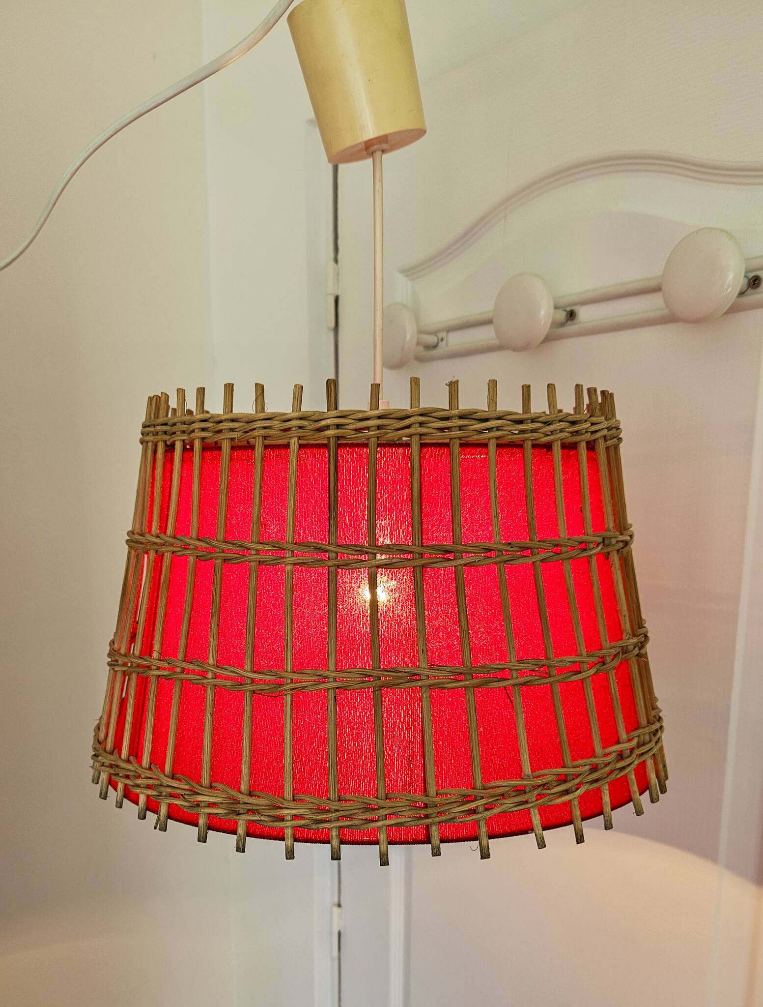 Vintage rattan pendant light - red fabric interior shade from the 60s
